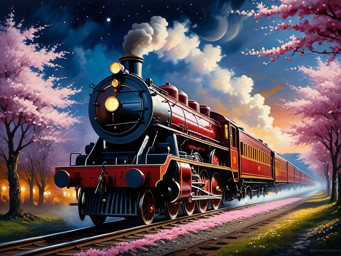Steam Train Amid Cherry Blossoms at Sunset