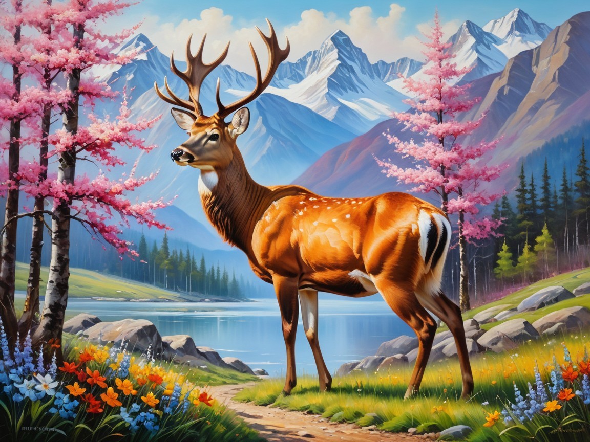Majestic deer by serene lake with vibrant wildflowers