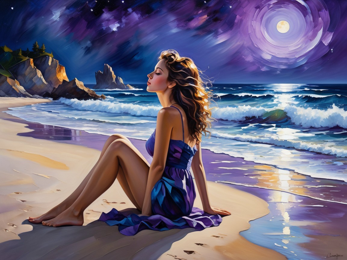 Serene Night Beach Scene with Moonlit Ocean Waves