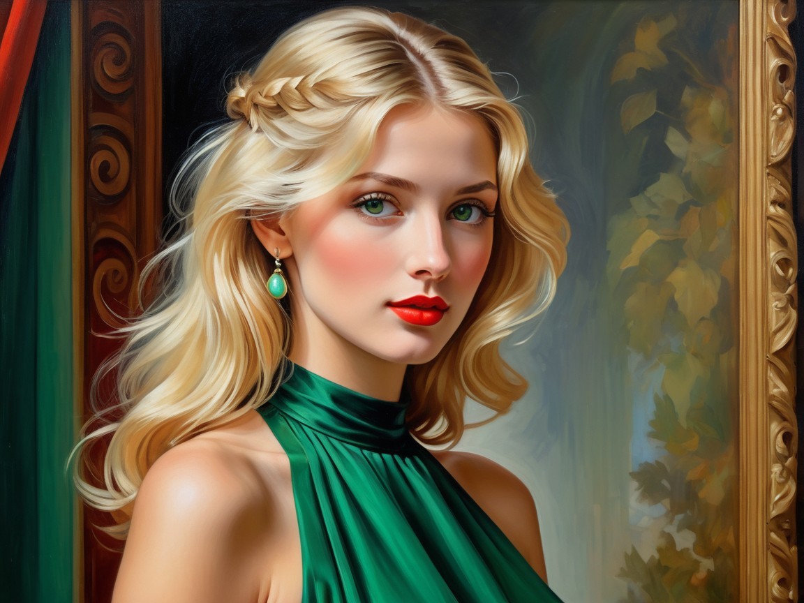 Elegant Portrait of a Woman in Green Gown and Braid