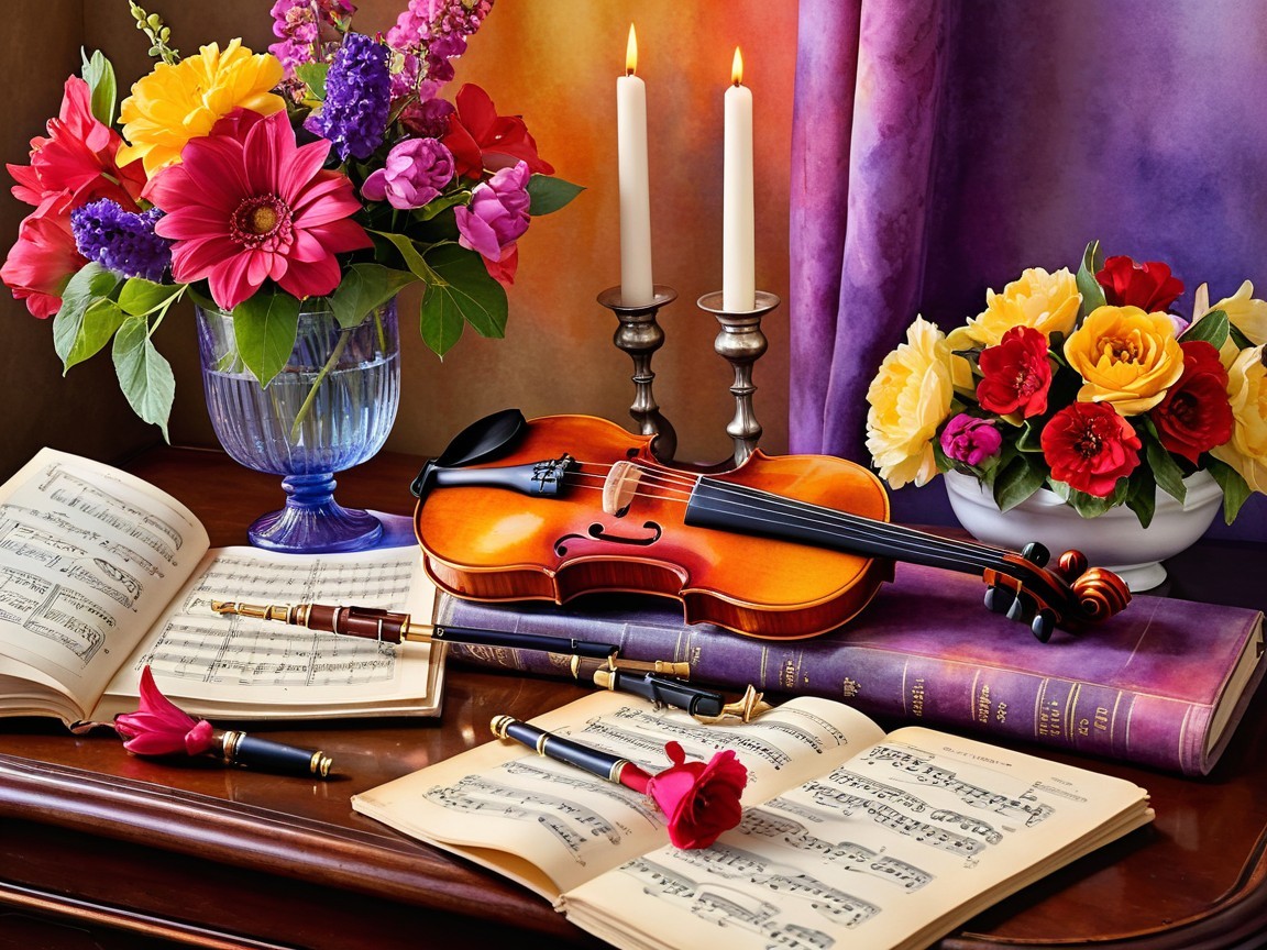 Vibrant Still Life with Violin and Music Sheets