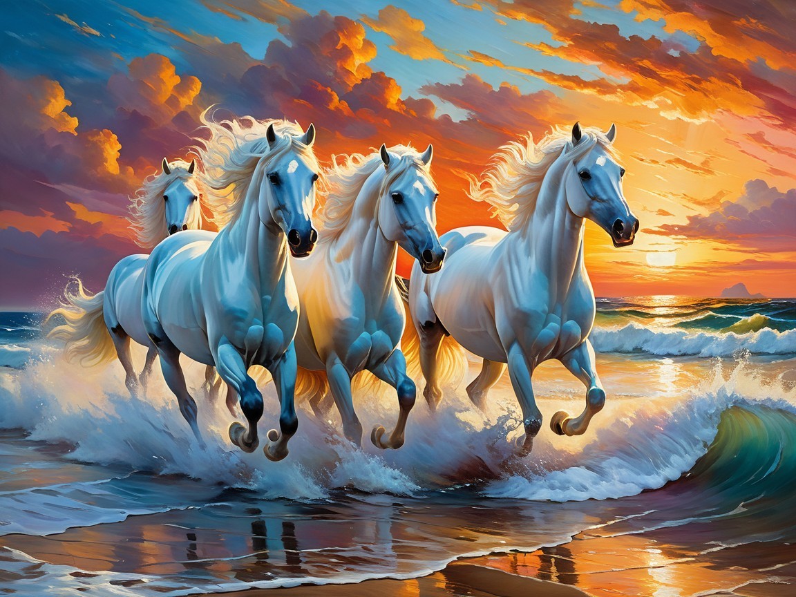 White Horses Galloping Through Ocean Waves at Sunset