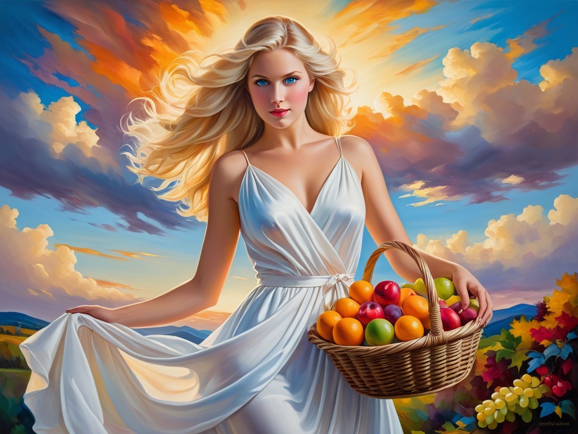 Luminous Woman in White Dress at Sunset with Fruits