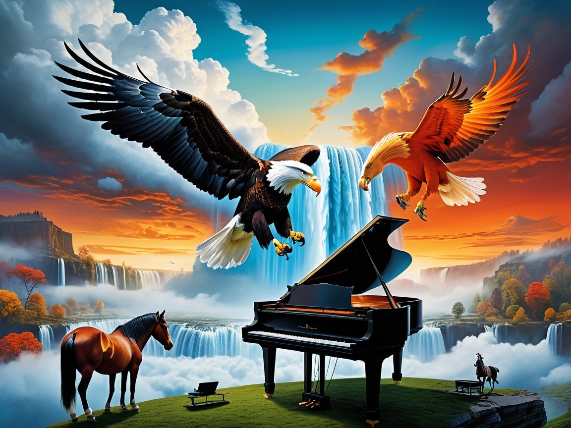 Surreal Landscape with Grand Piano and Waterfalls