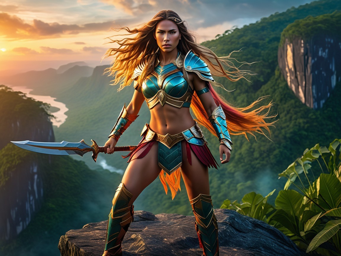 Warrior in Armor on Rocky Outcrop at Sunset