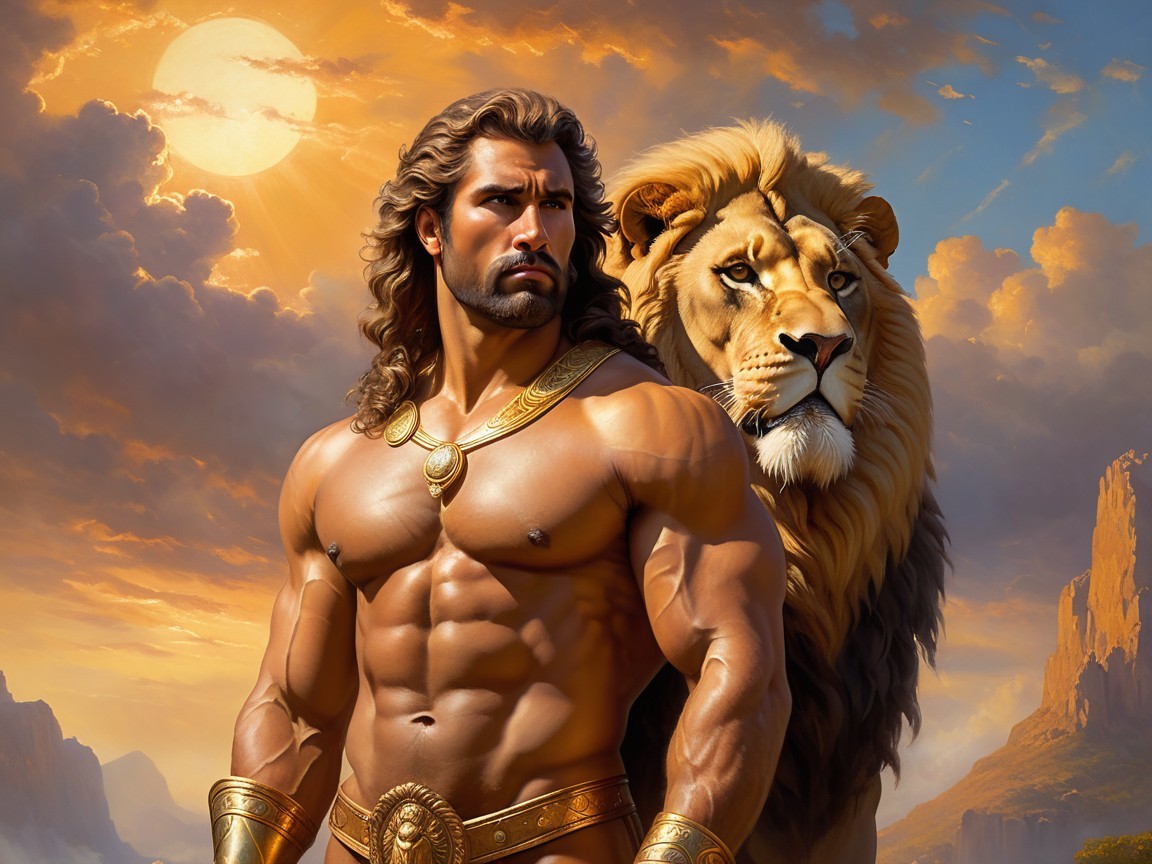 Heroic Warrior with Lion Against Sunset Background