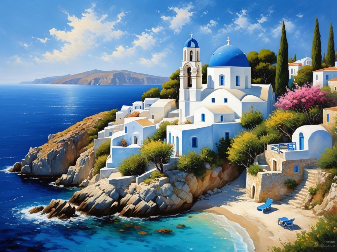 Coastal Scene with White Buildings and Blue Domes