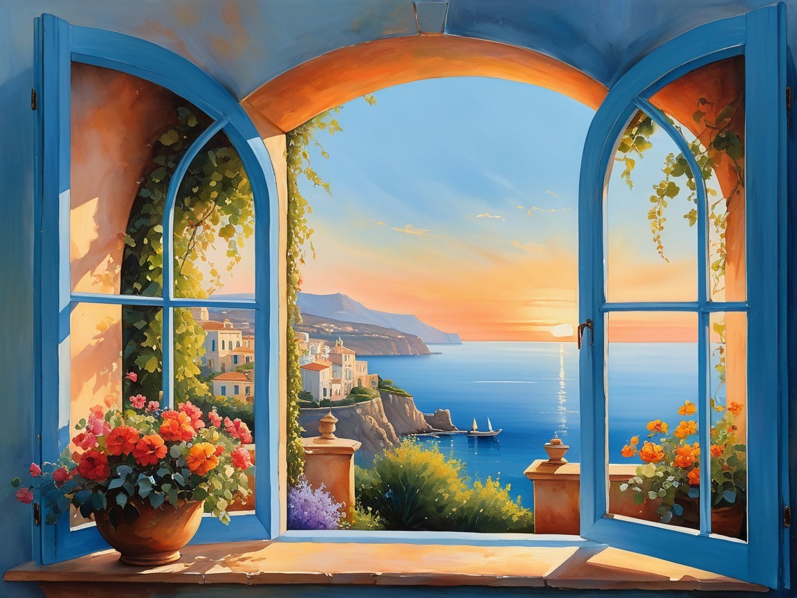 Coastal View Through Open Window with Colorful Flowers