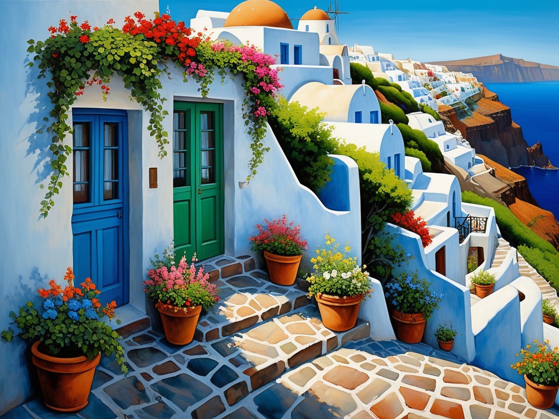 Coastal Village with Whitewashed Buildings and Flowers