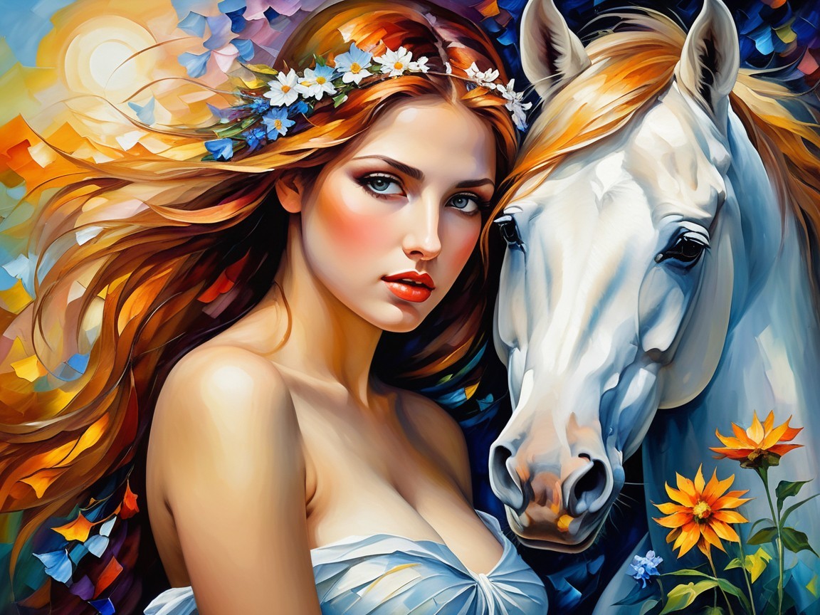 Vibrant Portrait of a Woman and White Horse in Nature