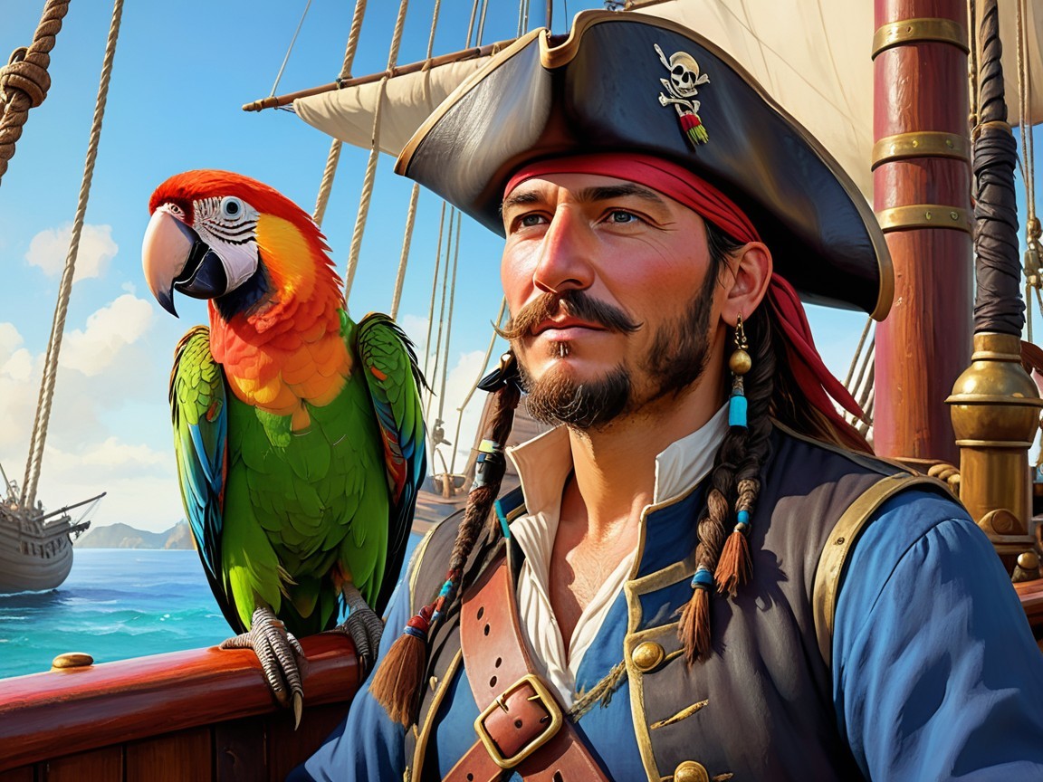 Confident Pirate on Ship Deck with Colorful Parrot