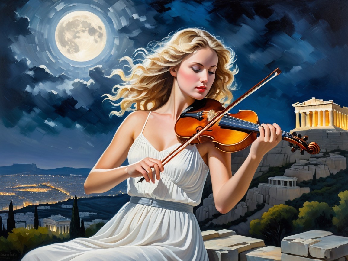 Young Woman Playing Violin Under Full Moonlight