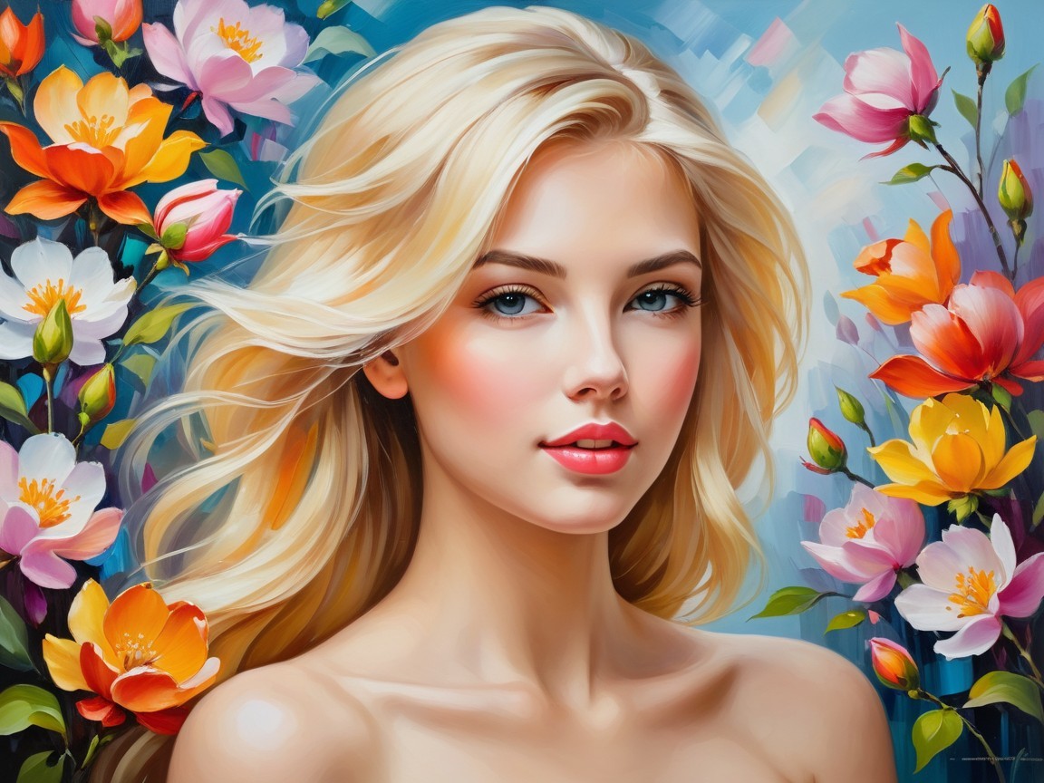 Young woman with golden hair and vibrant floral backdrop