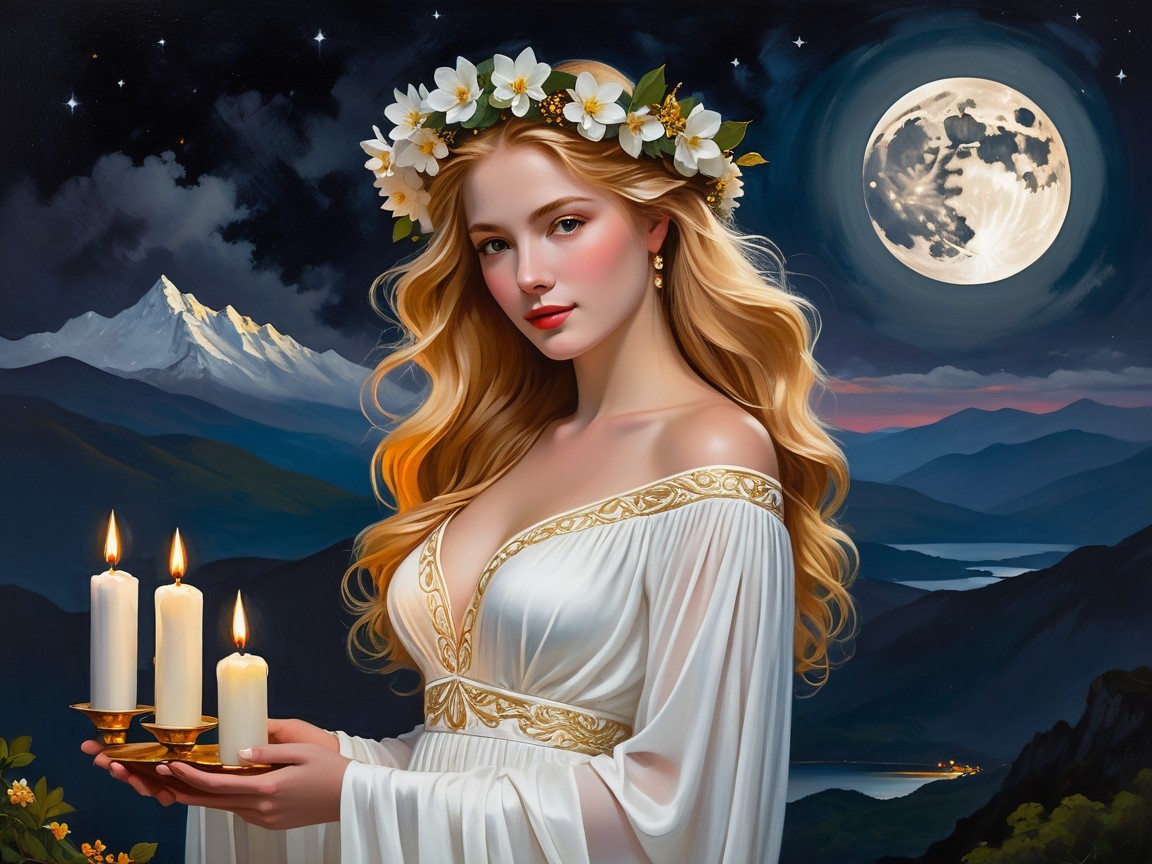 Serene Woman with Candles in Moonlit Landscape
