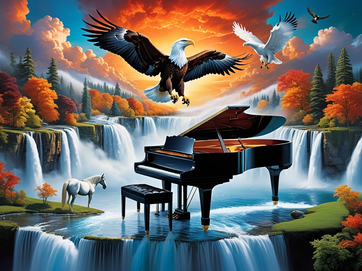 Grand Piano in Vibrant Natural Landscape Scene