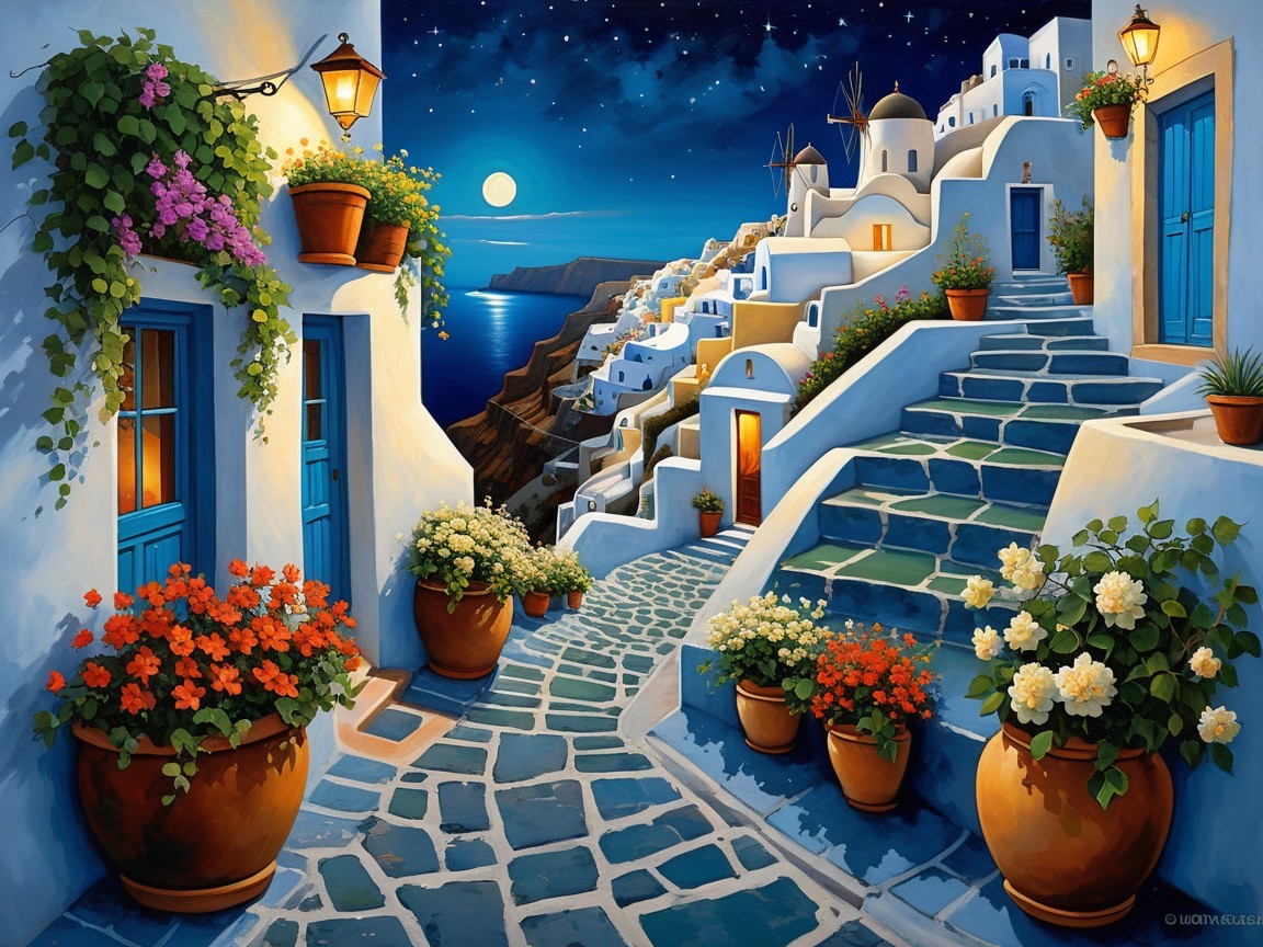 Greek Village Night Scene with Moonlit Sea Views
