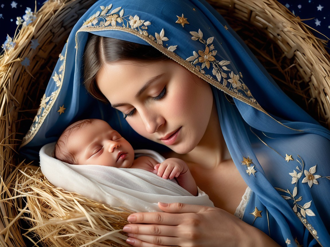 Serene Scene of Woman with Sleeping Baby in Veil