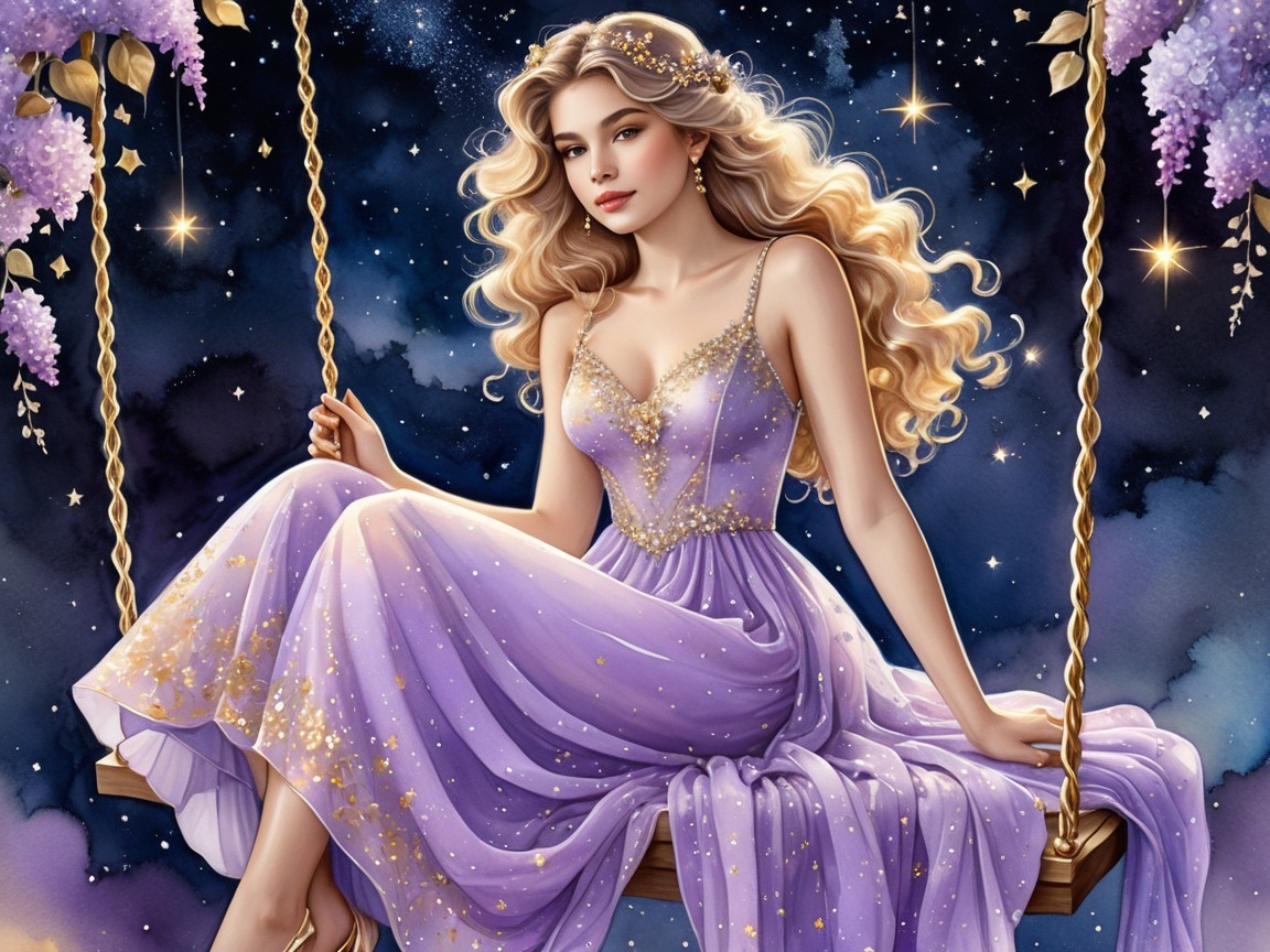 Young Woman on Swing in Starry Night Setting
