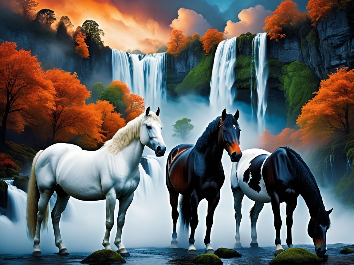 Horses by Waterfall in Autumn Landscape Scene