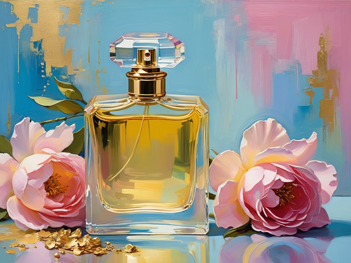Luxurious Perfume Bottle Surrounded by Pink Peonies