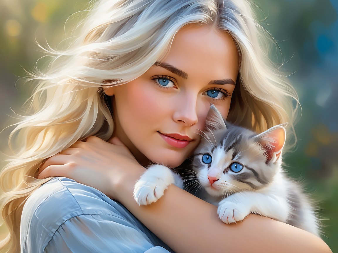 Young woman with blonde hair holding a fluffy kitten