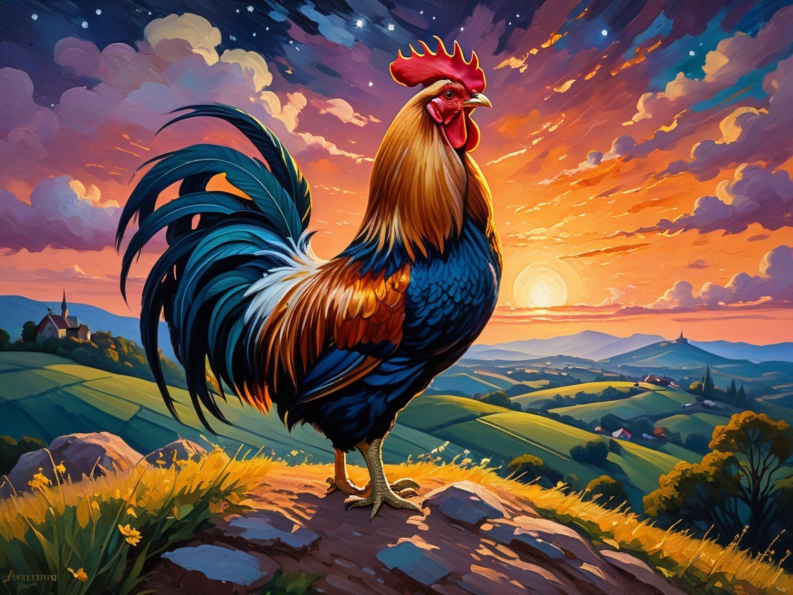 Majestic Rooster on Rocky Ledge at Sunset