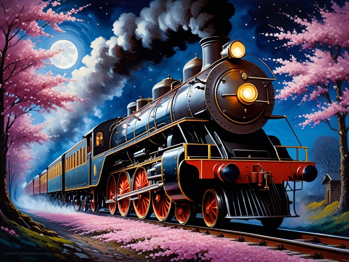 Steam Locomotive Amid Cherry Blossoms at Night