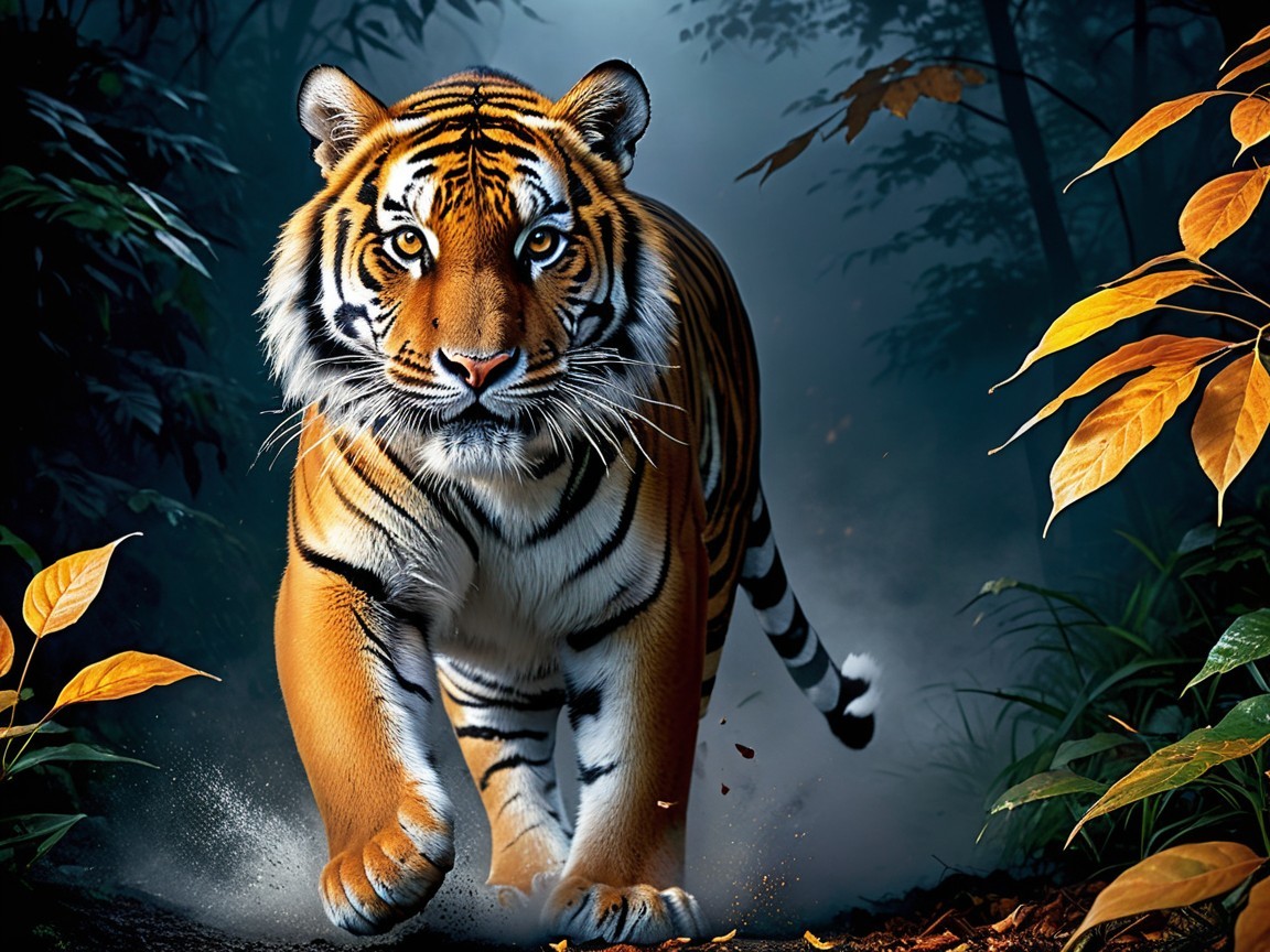 Majestic tiger in a misty forest setting