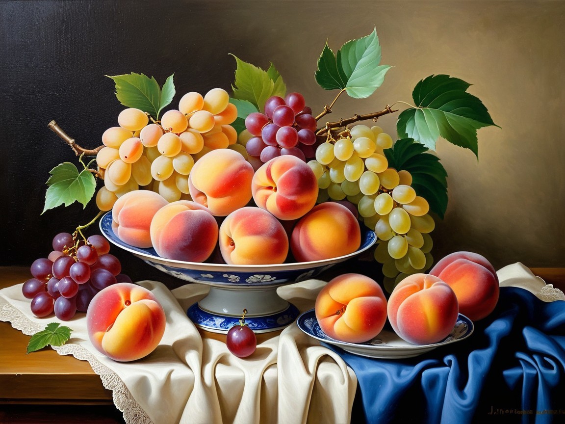 Vibrant Still Life of Ripe Peaches and Grapes