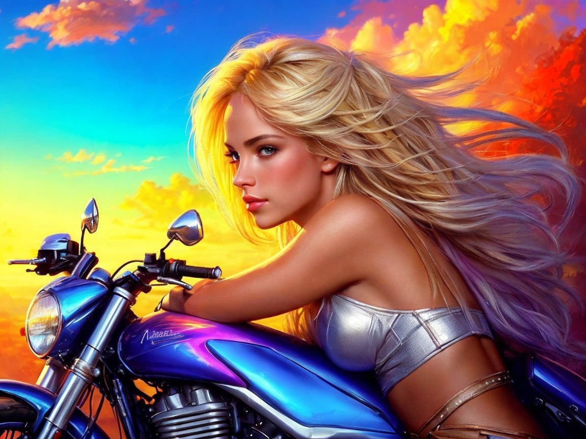 Young Woman with Blonde Hair by Blue Motorcycle at Sunset