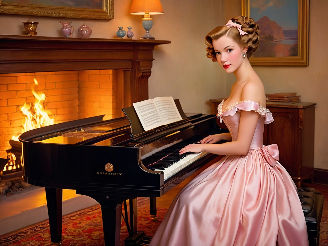 Young Woman in Vintage Gown Playing Piano by Fireplace