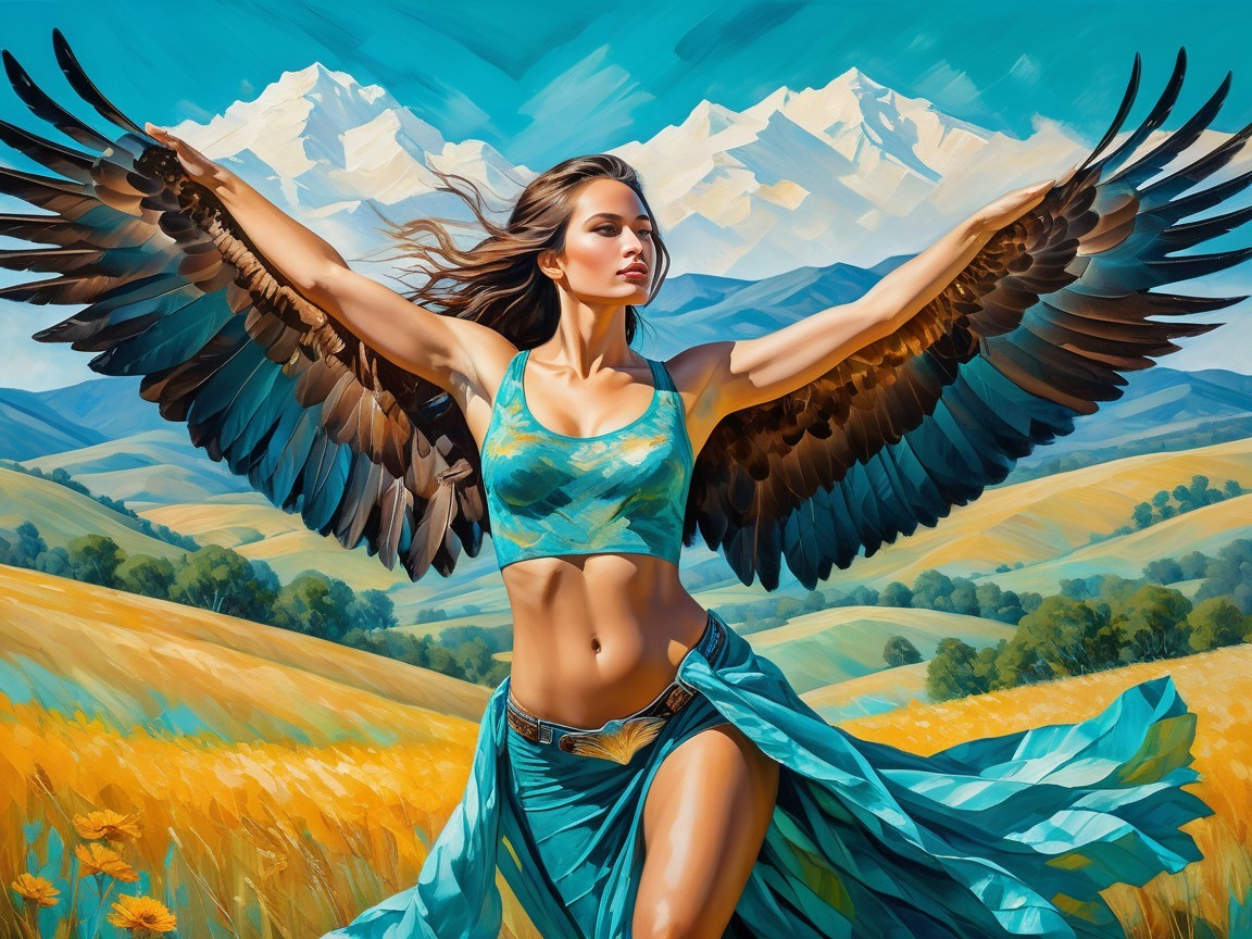 Powerful figure in vibrant fields with majestic wings