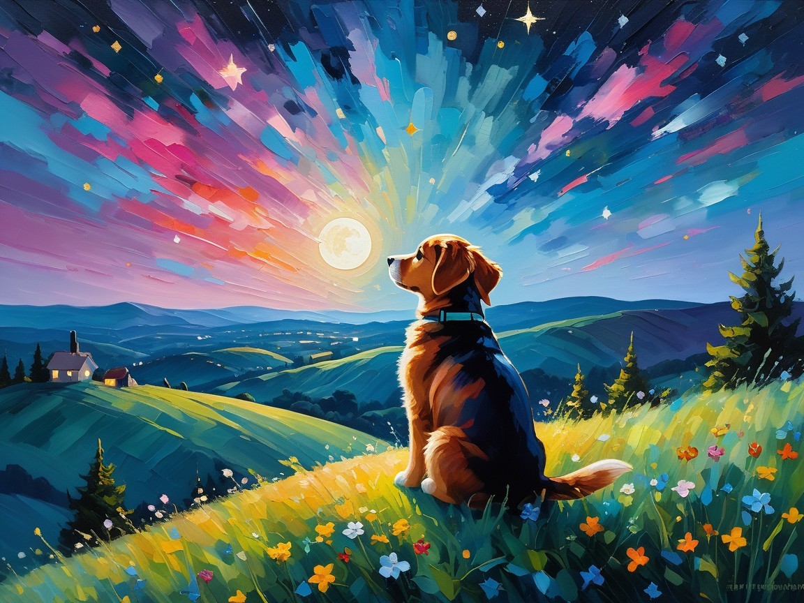 Vibrant Landscape with Beagle Under Starry Sky