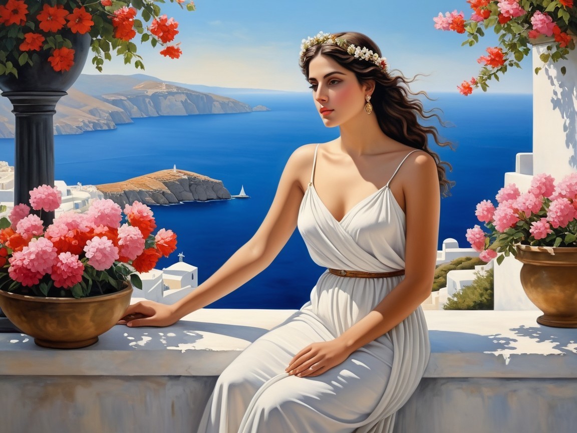 Serene Woman on Balcony Overlooking Coastal Seascape