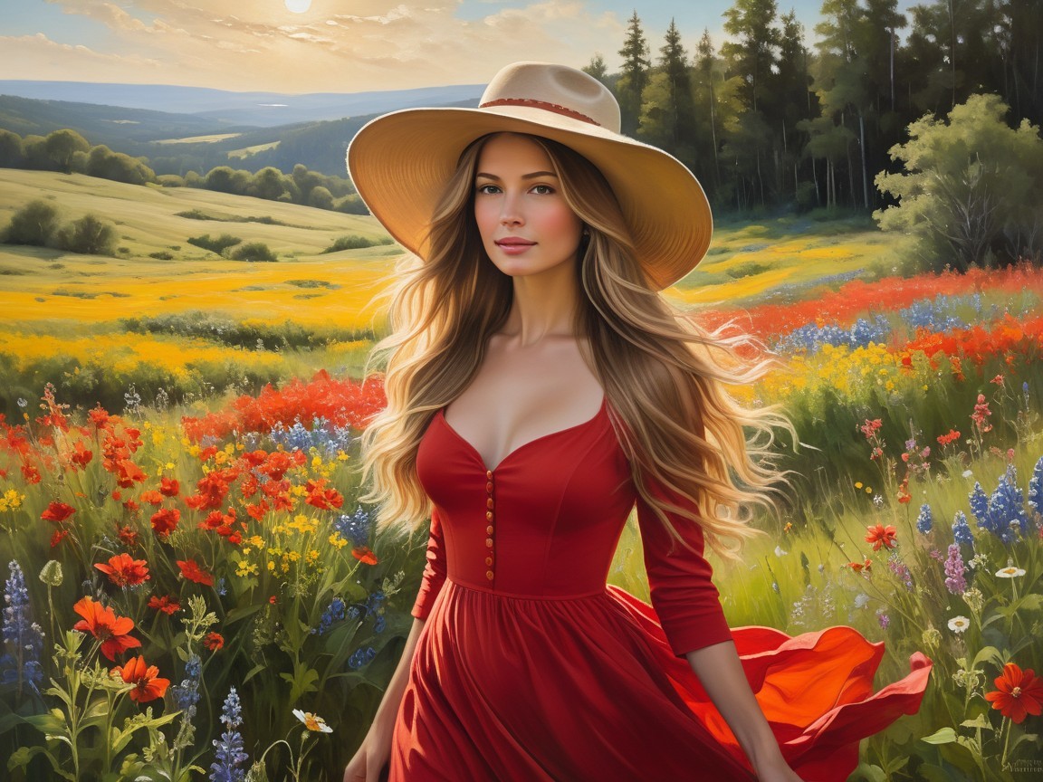Woman in Red Dress in Vibrant Wildflower Field