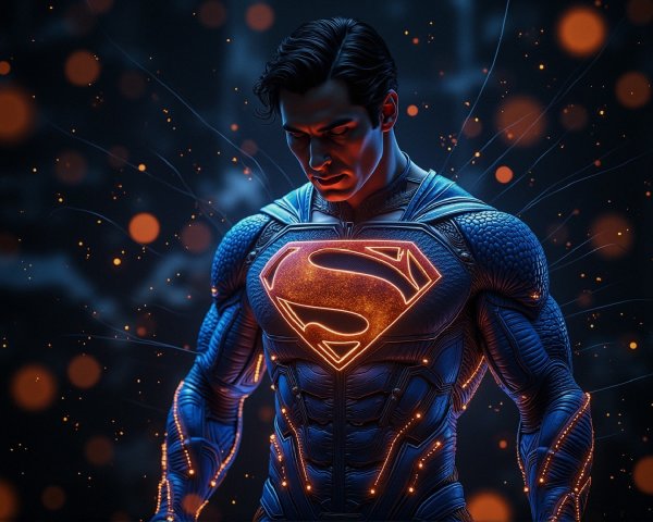 Superhero in Futuristic Suit Surrounded by Orange Lights
