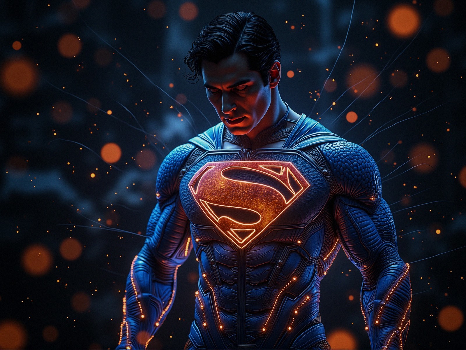 Superhero in Futuristic Suit Surrounded by Orange Lights