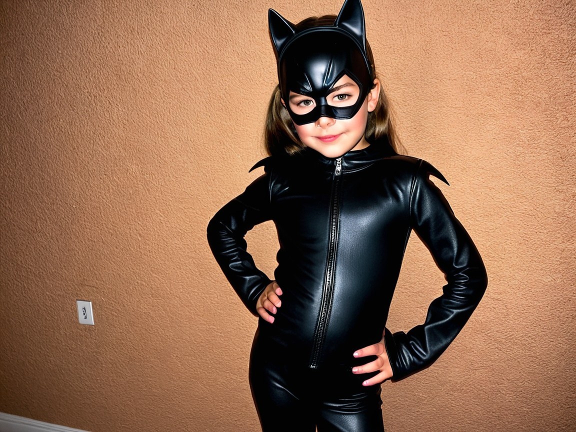 Child in Black Catwoman Costume with Mask and Ears