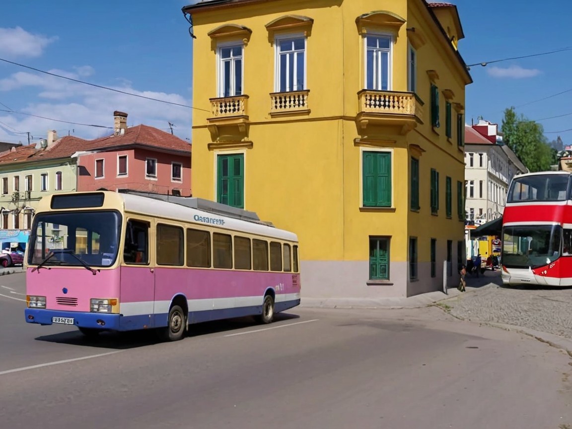 Colorful Urban Scene with Buses and Bright Buildings