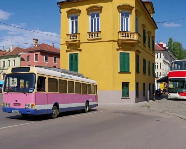 Colorful Urban Scene with Buses and Bright Buildings