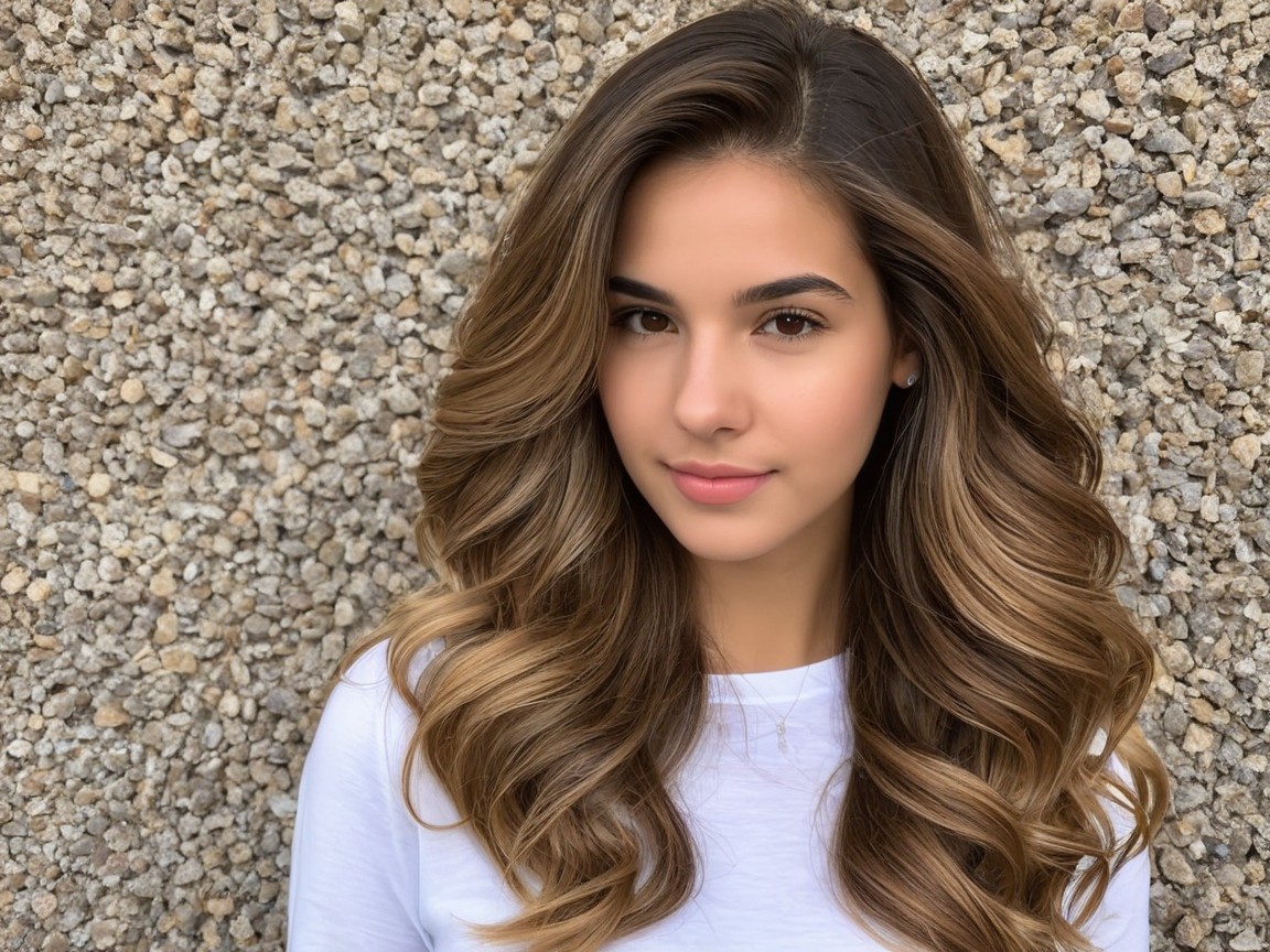 Young woman with wavy hair poses by stone wall
