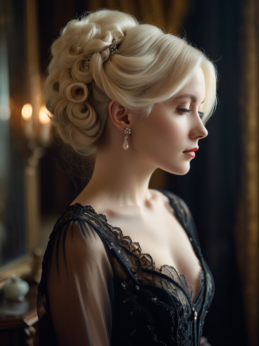 Elegant Woman with Intricate Updo and Lace Dress