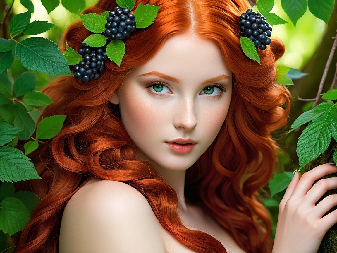 Young Woman with Red Curls in Natural Setting