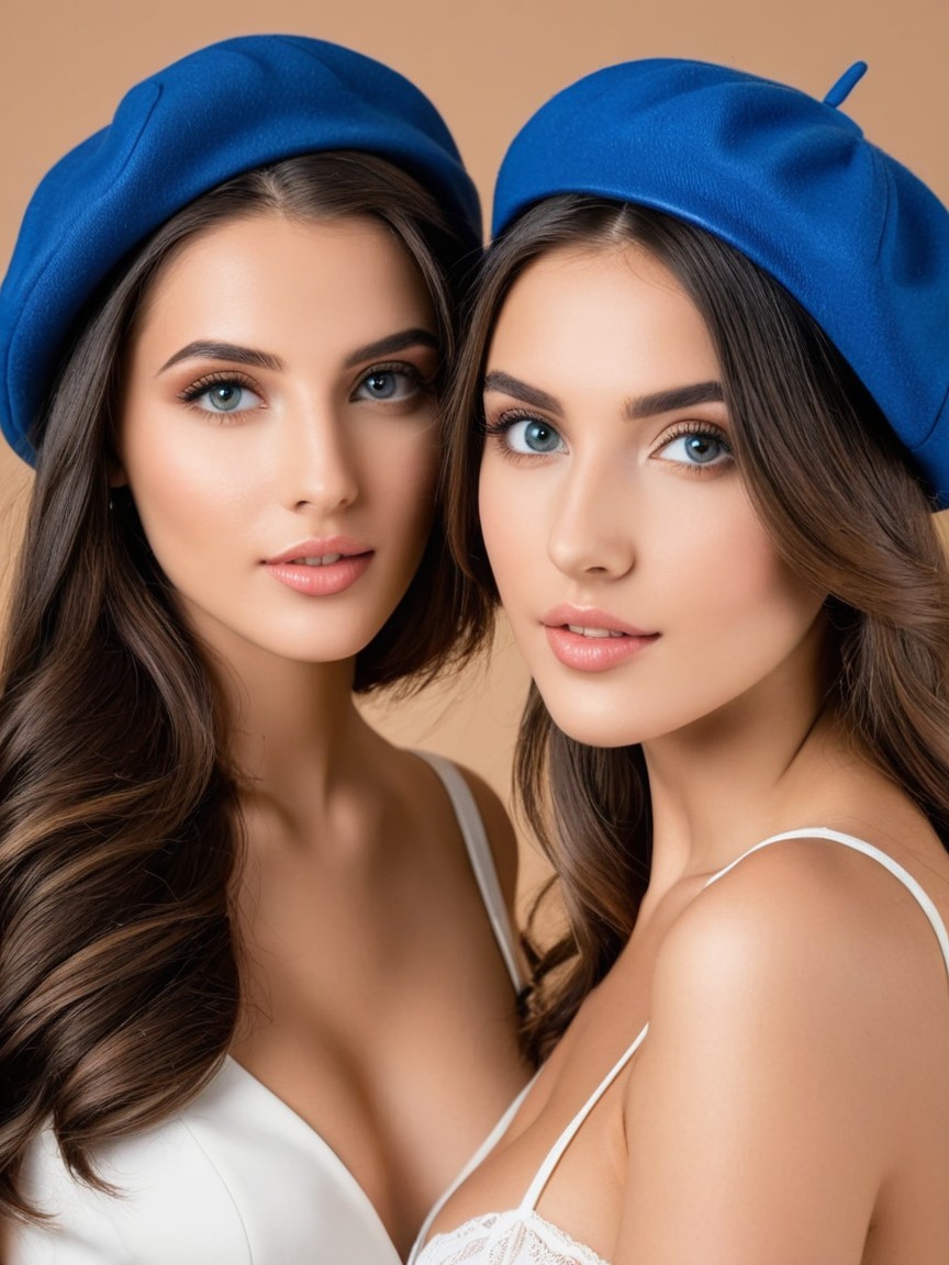 Young women in blue berets with striking blue eyes
