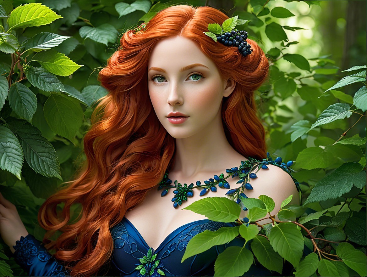 Young woman with red hair in blue dress among foliage