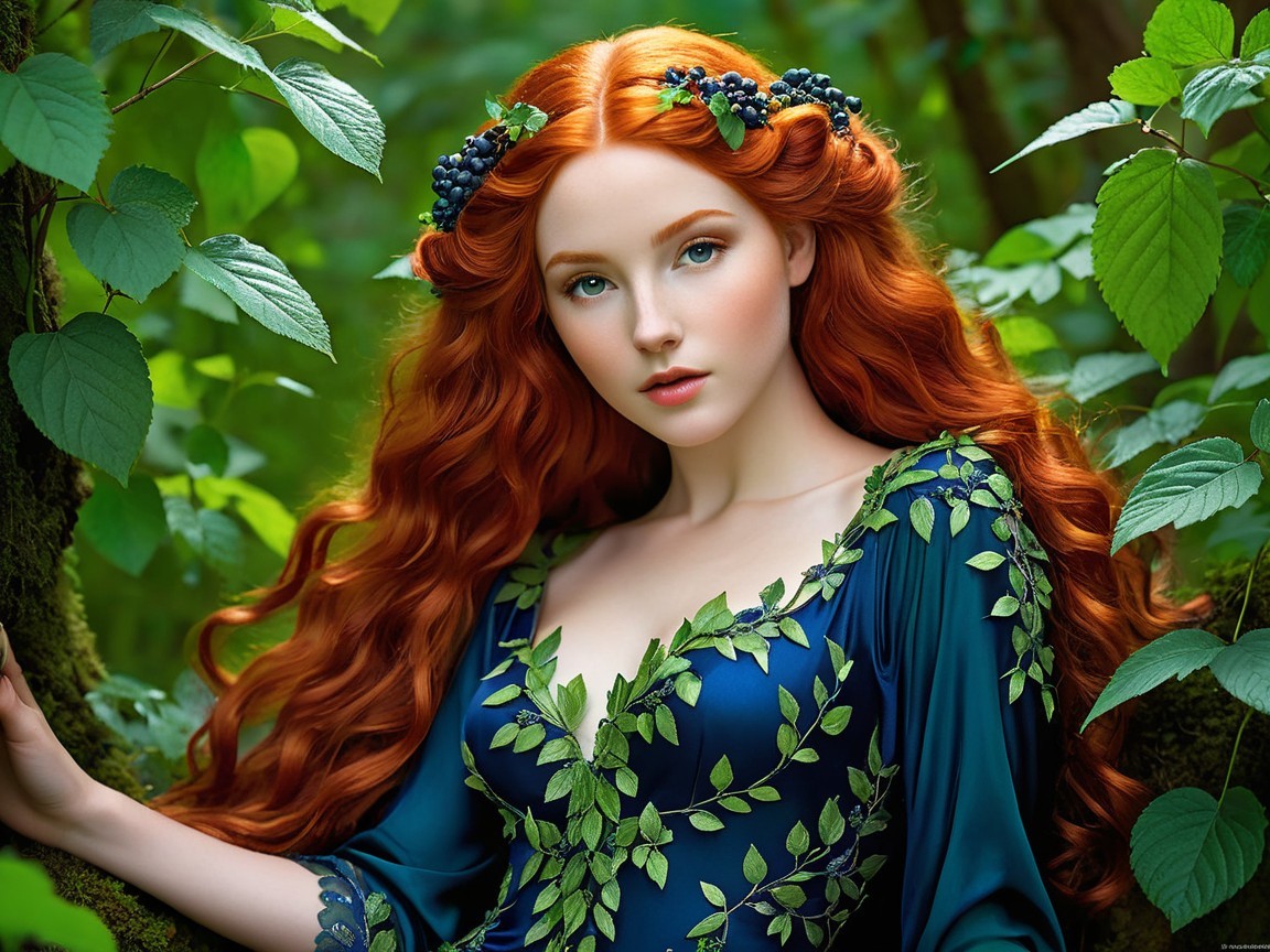 Young Woman with Red Hair in Enchanted Forest Setting