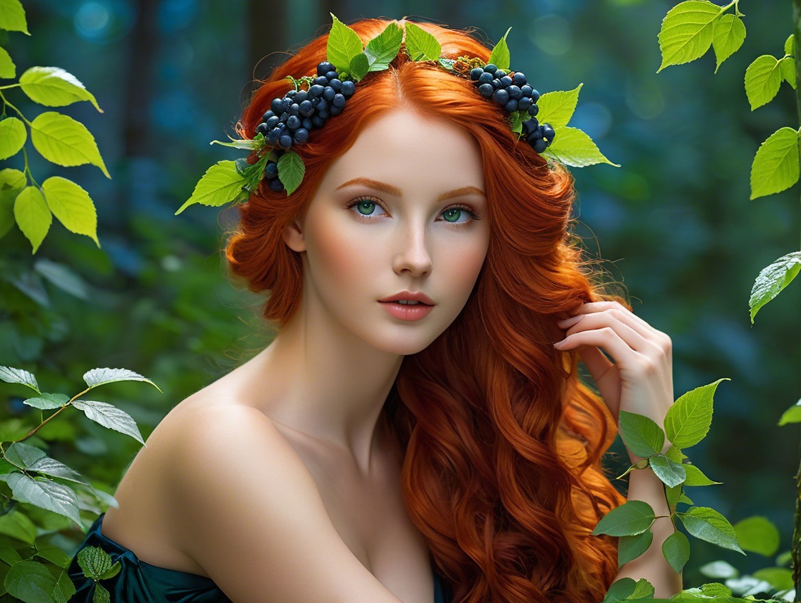 Young woman with red hair in a forest setting