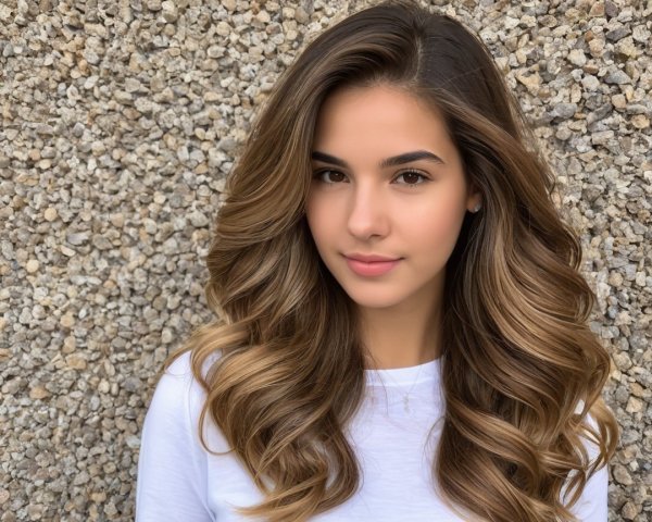 Young woman with wavy hair poses by stone wall