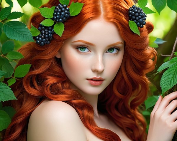 Young Woman with Red Curls in Natural Setting