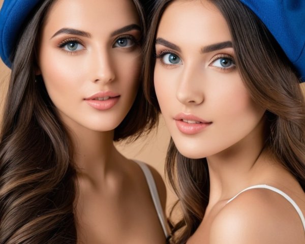 Young women in blue berets with striking blue eyes